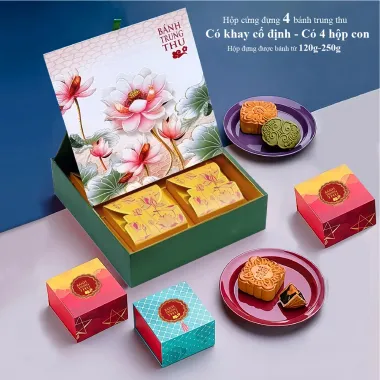 Hộp Cứng Đựng 4 Bánh Trung Thu – Có Khay Cố Định 4 Hộp Con Cao Cấp